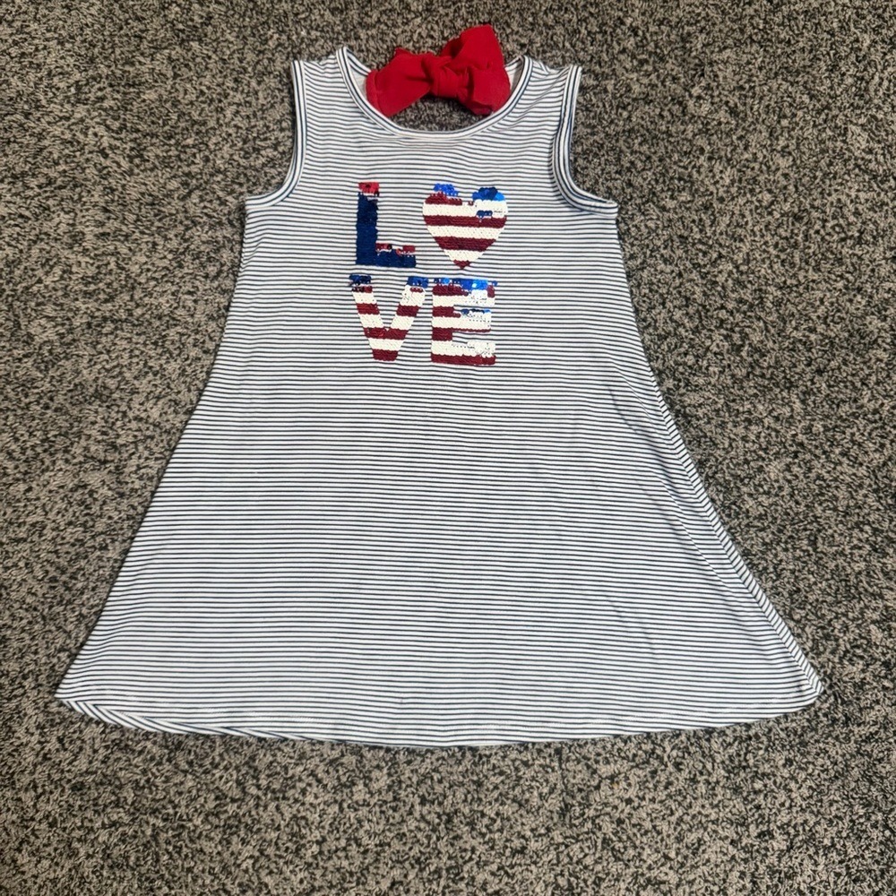 Btween Girls Navy White Striped Sequin Love American Flag Bow Back Dress Size 5‎